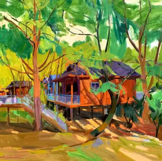 《湖畔山居之一》 80×80cm · 布面油画 · 2025