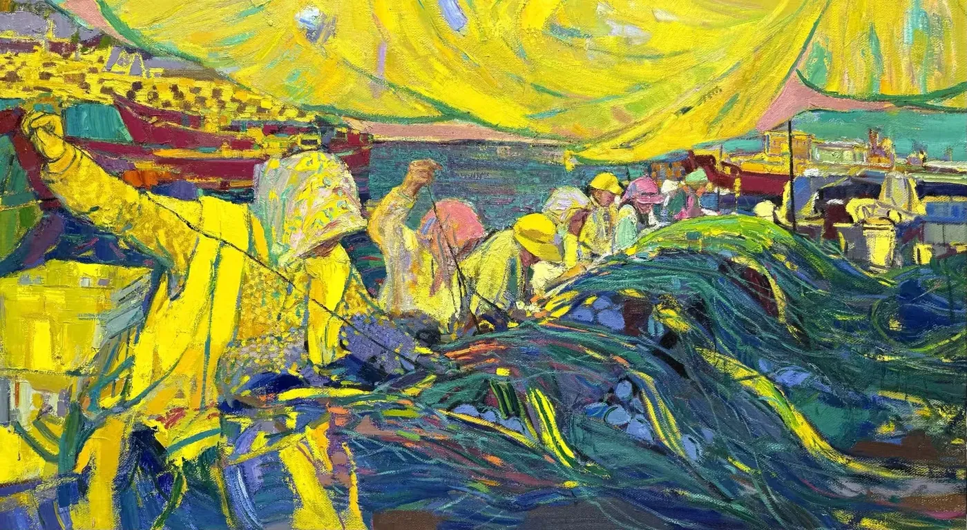 《向海编织生活》 100×180cm · 布面油画 · 2026